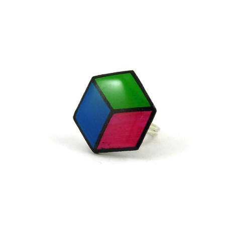 Bague hexagonale aux couleurs de la polysexualité (rose, bleu et vert)