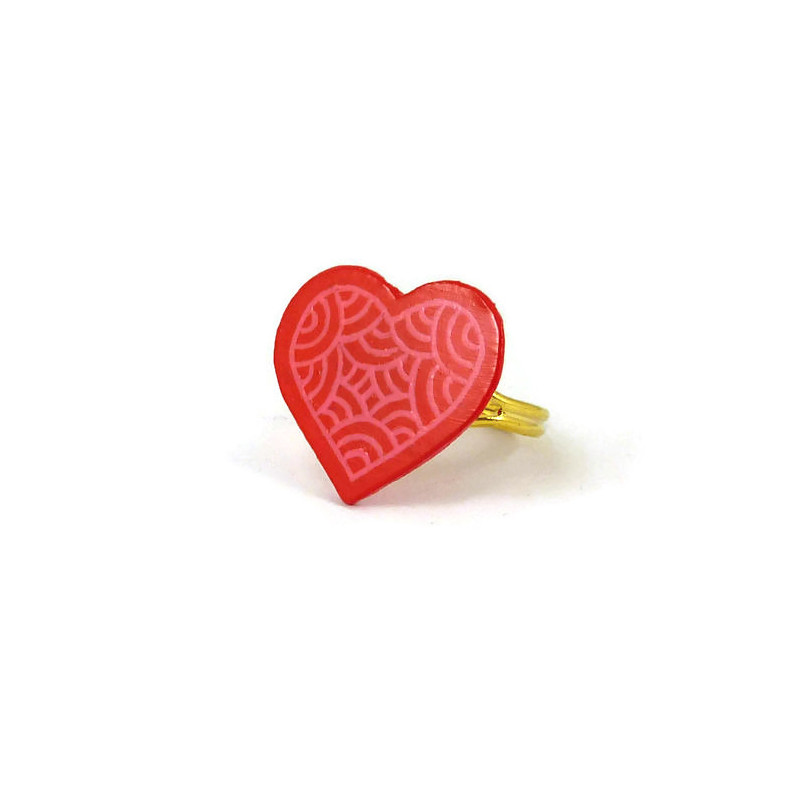 Raspberry pink heart adjustable ring with pink doodles