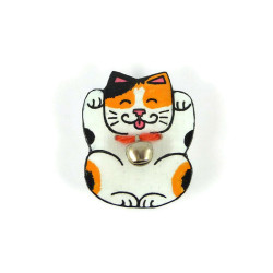Tricolor Maneki-Neko brooch, white orange and black lucky charm japanese cat with a small bell