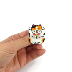 Tricolor Maneki-Neko brooch, white orange and black lucky charm japanese cat with a small bell