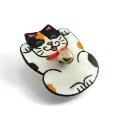 Tricolor Maneki-Neko brooch, white black and orange lucky charm japanese cat with a small bell