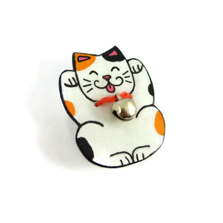 Broche Maneki-Neko tricolore, chat japonais porte-bonheur blanc orange et noir