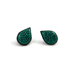 Dark green droplets ear studs with emerald green doodles