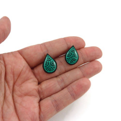Dark green droplets ear studs with emerald green doodles
