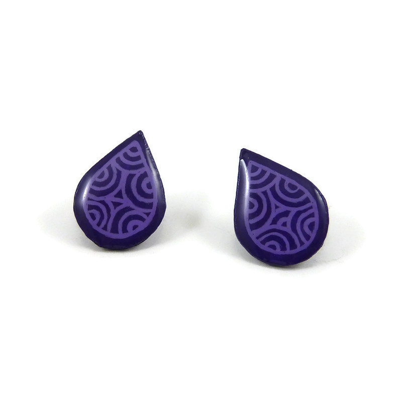 Dark purple droplets ear studs with lilac doodles