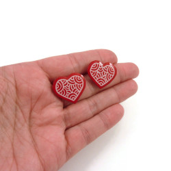 Red hearts with white doodles ear studs