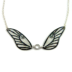 Necklace in the shape of a fairy with transparent and black glittery wings, and white Swarovski crystal