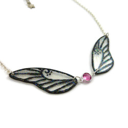 Necklace in the shape of a fairy with transparent and black glittery wings, and pink Swarovski crystal