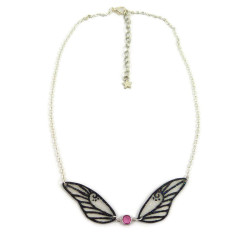 Necklace in the shape of a fairy with transparent and black glittery wings, and pink Swarovski crystal