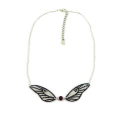 Necklace in the shape of a fairy with transparent and black glittery wings, and red Swarovski crystal