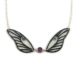 Necklace in the shape of a fairy with transparent and black glittery wings, and purple Swarovski crystal