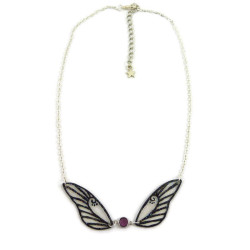 Collier en forme de fée avec ailes transparentes et noires pailletées, et cristal de Swarovski violet