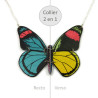 Butterfly reversible necklace : metallic blue, pink and black / yellow, pink, green and black