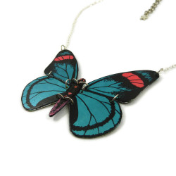 Butterfly reversible necklace : metallic blue, pink and black / yellow, pink, green and black