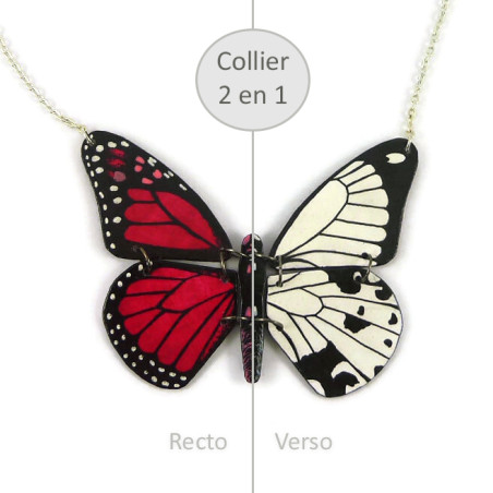 Collier réversible en forme de papillon Monarque rose fuchsia et noir / Papilio Dardanus noir et blanc