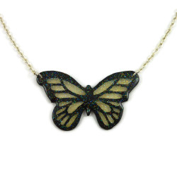 Small transparent and black Monarch butterfly necklace with glitters