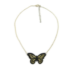Collier féérique en forme de petit papillon Monarque transparent et noir à paillettes