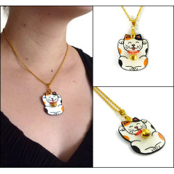 Tricolor Maneki-Neko necklace, white orange and black lucky charm japanese cat with a small bell