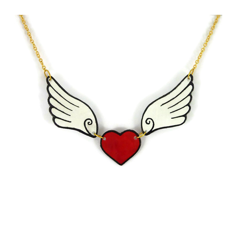 Red heart with white wings necklace