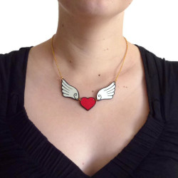 Red heart with white wings necklace