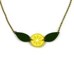 Collier rondelle de citron jaune et feuilles vertes