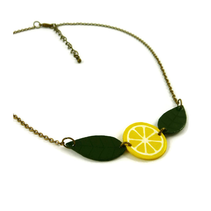 Yellow lemon slice with green leaves necklace
