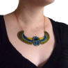 Metallic royal blue, golden and black Egyptian winged sacred scarab plastron necklace