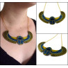 Metallic royal blue, golden and black Egyptian winged sacred scarab plastron necklace