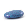 Painted pebble with metallic purple doodles on blue background