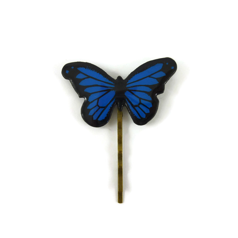 Épingle à cheveux en forme de papillon Morpho bleu roi et noir