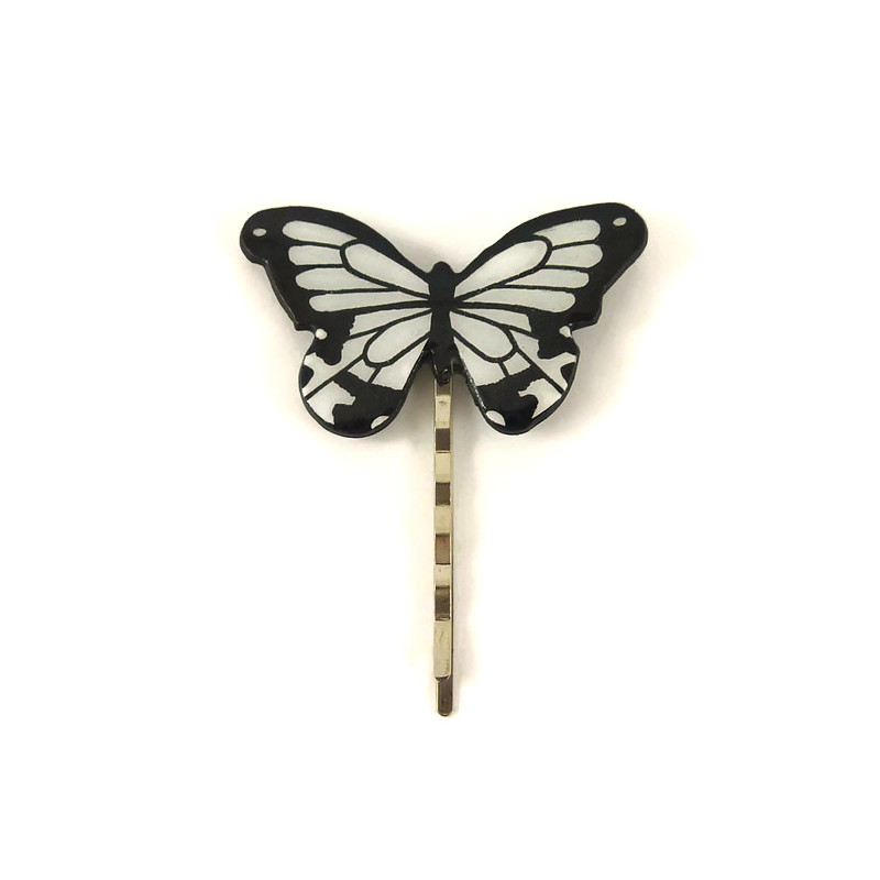 Épingle à cheveux en forme de papillon "Papilio dardanus" noir et blanc
