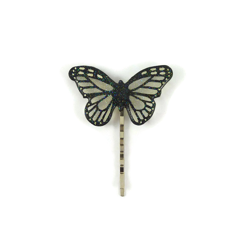 Transparent and black butterfly bobby pin with glitters