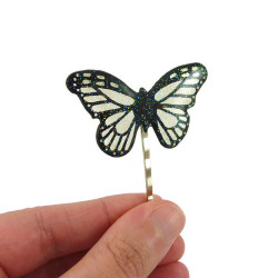 Épingle à cheveux féérique en forme de papillon transparent et noir finement pailleté