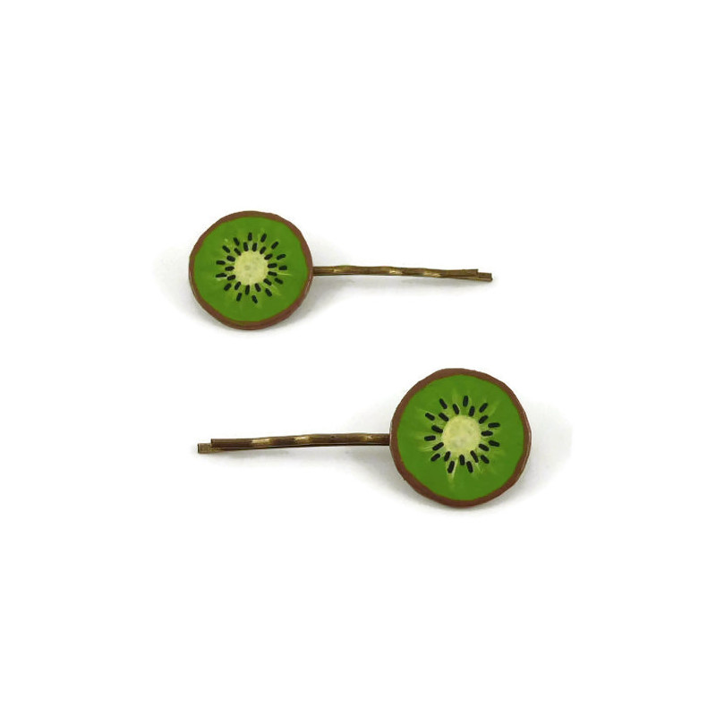 Lot de 2 barrettes en forme de rondelles de kiwi vert