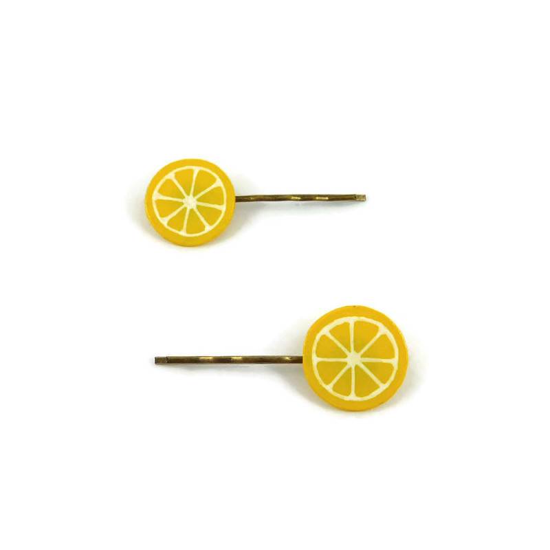 Set of 2 yellow lemon slices hair pins