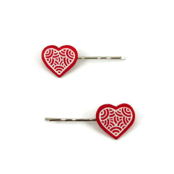 Set of 2 red hearts hair pins with white doodles