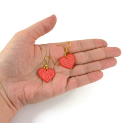 Raspberry pink hearts dangle earrings with candy pink doodles
