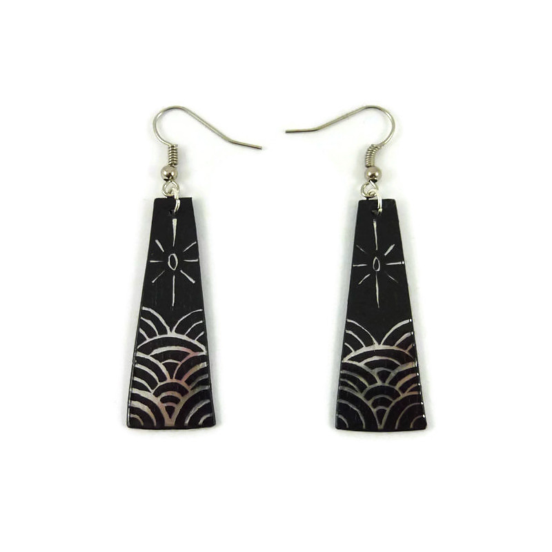 Black trapezoid dangle earrings with iridescent sun and waves