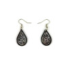 Black droplets dangle earrings with iridescent doodles
