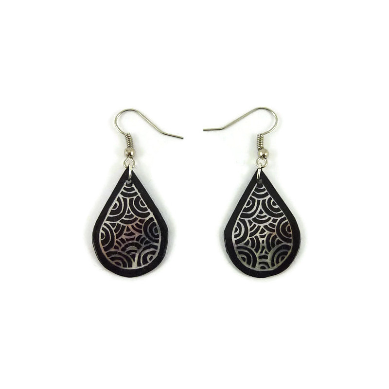 Black teardrops dangle earrings with iridescent doodles