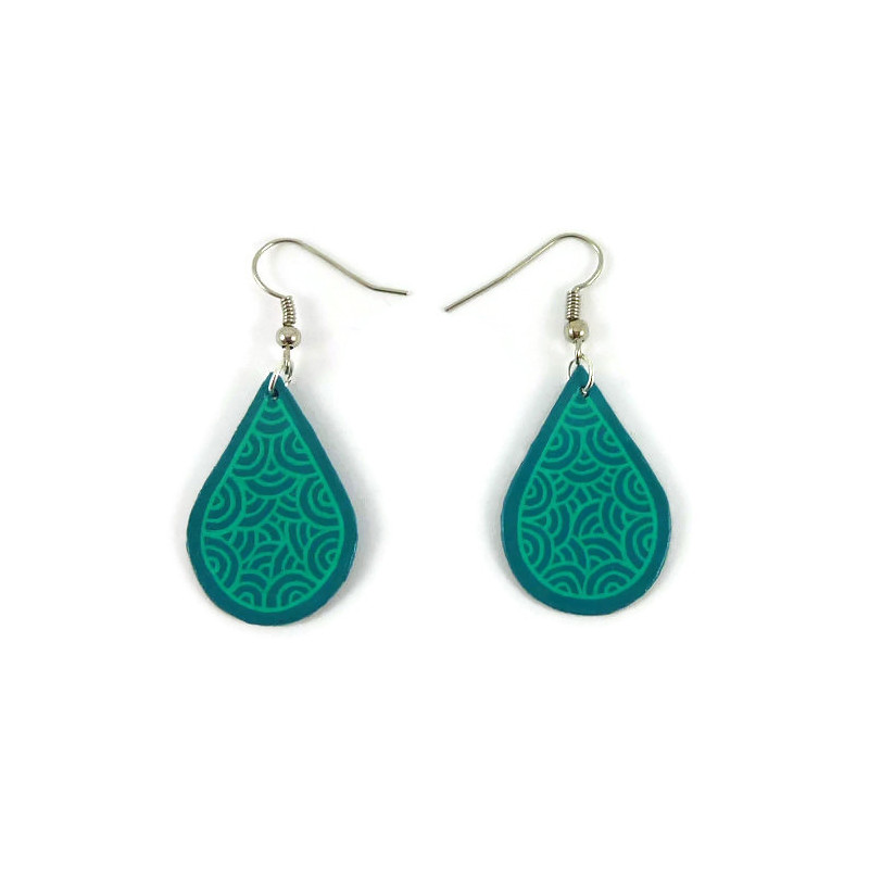 Boucles d'oreilles pendantes en forme de gouttes bleues turquoises aux volutes vertes d'eau