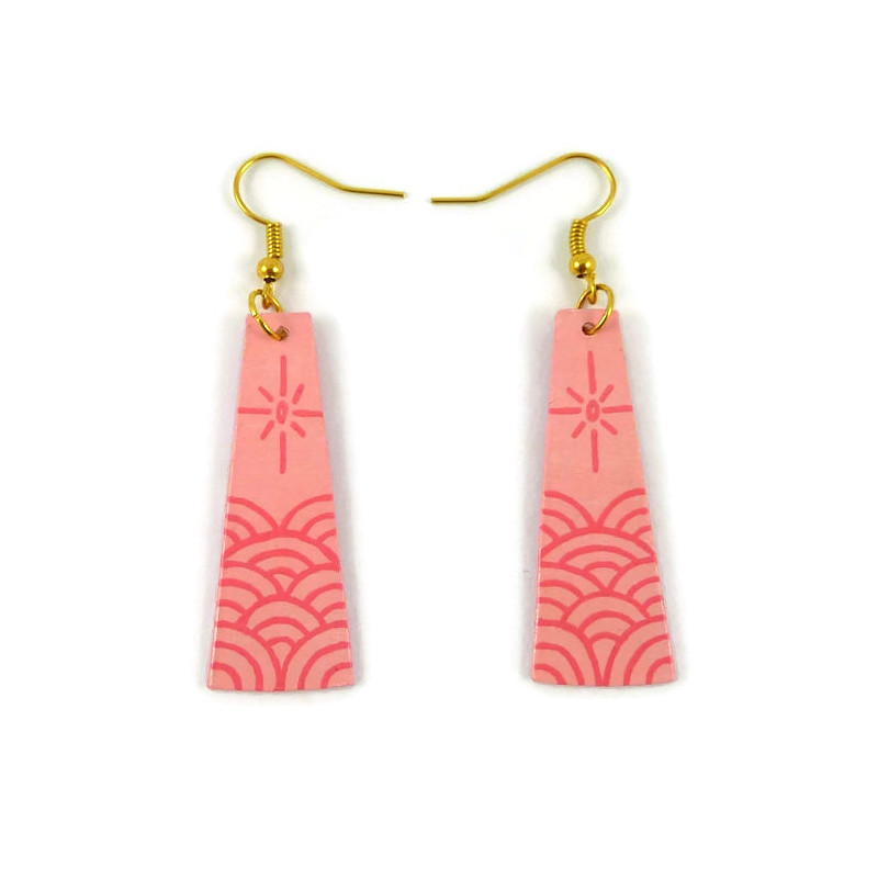 Powdery pink trapezoid dangle earrings with candy pink sun and waves