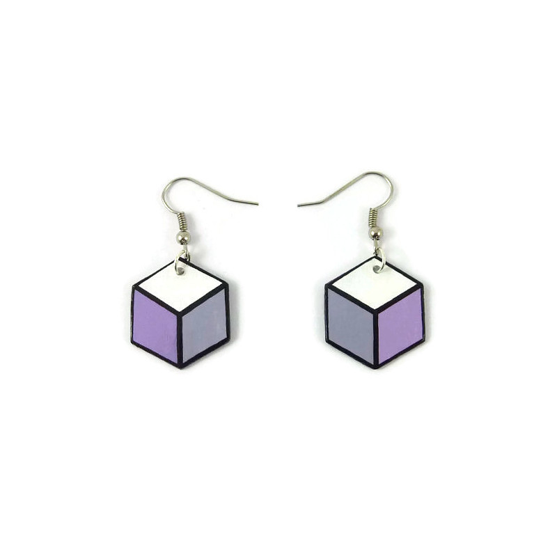 Lilac purple, grey and white hexagons dangle earrings