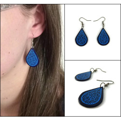 Navy blue drops dangle earrings with azure blue doodles