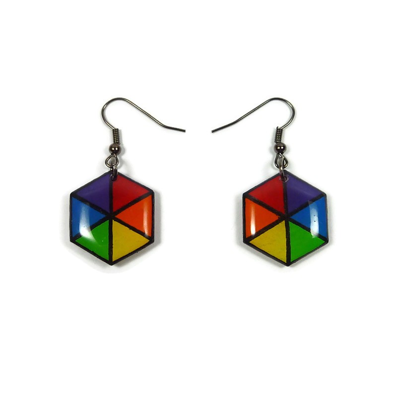 Rainbow hexagons dangle earrings