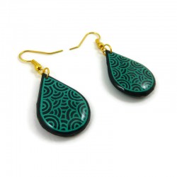 Dark green teardrops dangle earrings with emerald green doodles