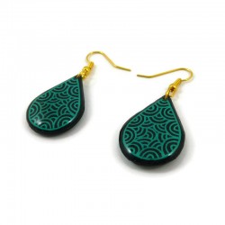 Dark green teardrops dangle earrings with emerald green doodles