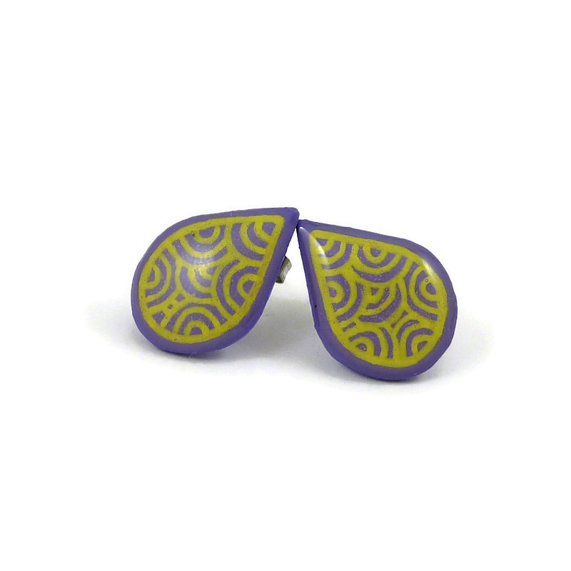 Purple droplets ear chips with yellow doodles