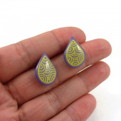Purple droplets ear chips with yellow doodles made with hand-painted recycled CD by Savousépate