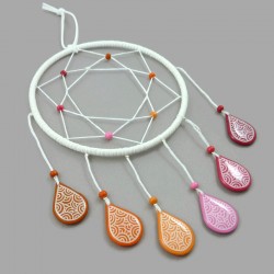 Small dreamcatcher with droplets in the colors of the lesbian pride (orange, white and pink)